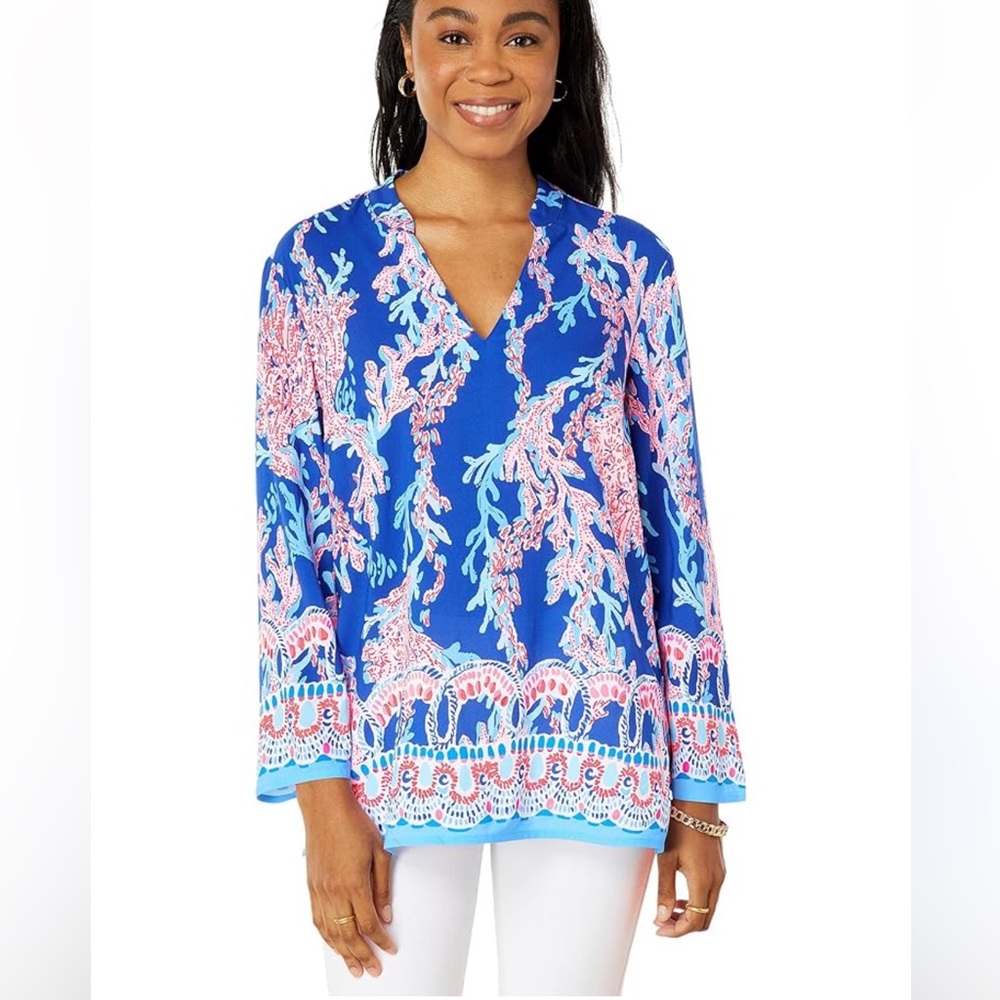 Lilly Pulitzer Women's Luna Bay Blue and Pink Top Sz M - Picture 2 of 16